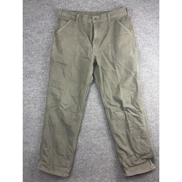 Carhartt Pants Mens 36x32 Green Original Fit B111 Moss Flannel Lined Workwear - Picture 1 of 7